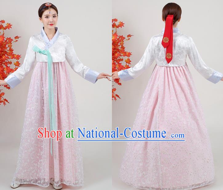 Asian Korea Classical Dance Outfits Korean Traditional Wedding Dress Ancient Bride Garment Costumes Court White Blouse and Pink Dress