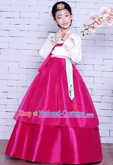 Korean Children Court Garment Costumes Asian Traditional Hanbok Clothing Korea Girl Princess Embroidered White Blouse and Rosy Dress