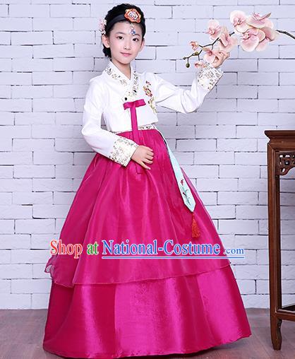 Korean Children Court Garment Costumes Asian Traditional Hanbok Clothing Korea Girl Princess Embroidered White Blouse and Rosy Dress