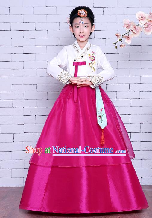 Korean Children Court Garment Costumes Asian Traditional Hanbok Clothing Korea Girl Princess Embroidered White Blouse and Rosy Dress