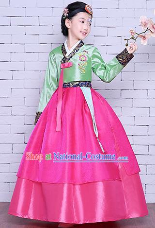 Korea Girl Princess Embroidered Green Blouse and Rosy Dress Korean Children Court Garment Costumes Asian Traditional Hanbok Clothing