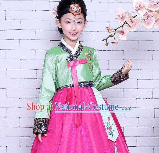 Korea Girl Princess Embroidered Green Blouse and Rosy Dress Korean Children Court Garment Costumes Asian Traditional Hanbok Clothing