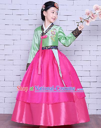 Korea Girl Princess Embroidered Green Blouse and Rosy Dress Korean Children Court Garment Costumes Asian Traditional Hanbok Clothing