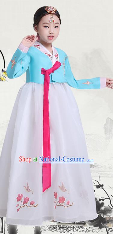 Asian Traditional Girl Hanbok Clothing Korean Court Princess Garment Costumes Korea Children Embroidered Blue Blouse and White Dress