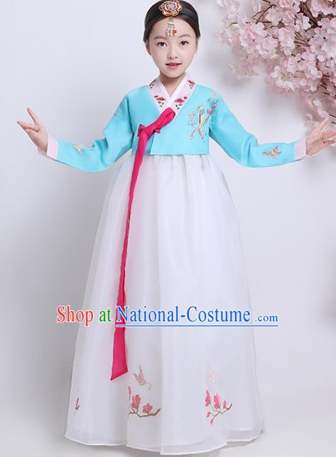 Asian Traditional Girl Hanbok Clothing Korean Court Princess Garment Costumes Korea Children Embroidered Blue Blouse and White Dress