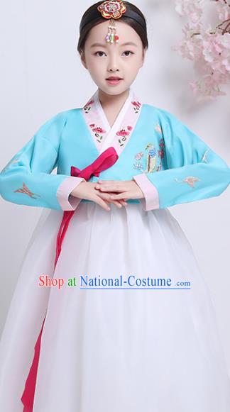 Asian Traditional Girl Hanbok Clothing Korean Court Princess Garment Costumes Korea Children Embroidered Blue Blouse and White Dress