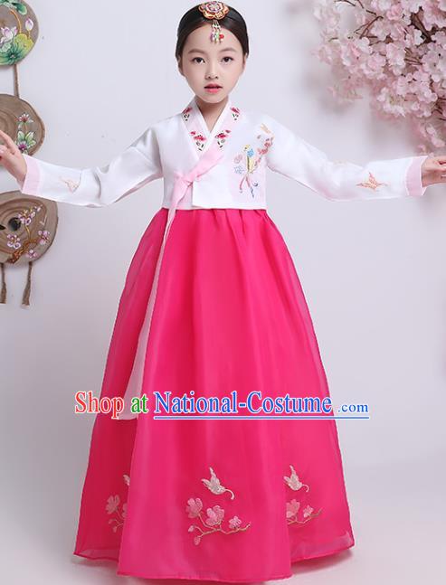 Asian Korea Children Embroidered White Blouse and Rosy Dress Traditional Girl Hanbok Clothing Korean Court Princess Garment Costumes