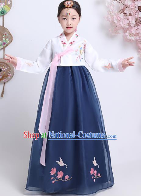 Korea Girl Embroidered White Blouse and Navy Dress Korean Traditional Hanbok Clothing Asian Court Princess Garment Costumes