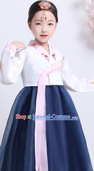 Korea Girl Embroidered White Blouse and Navy Dress Korean Traditional Hanbok Clothing Asian Court Princess Garment Costumes