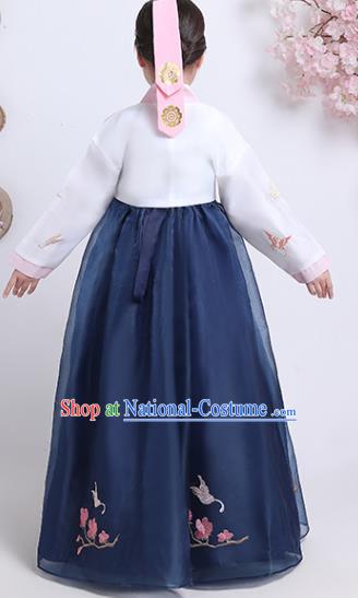 Korea Girl Embroidered White Blouse and Navy Dress Korean Traditional Hanbok Clothing Asian Court Princess Garment Costumes