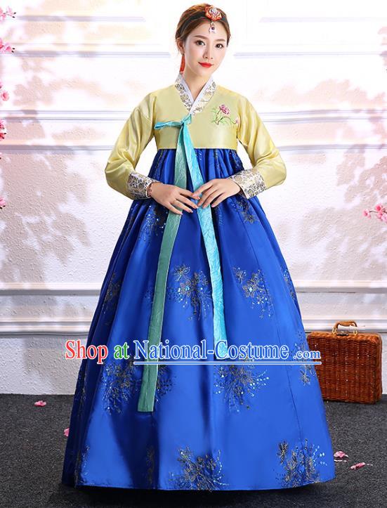 Asian Traditional Hanbok Korean Court Bride Fashion Garments Korea Wedding Clothing Classical Dance Embroidered Yellow Blouse and Blue Dress