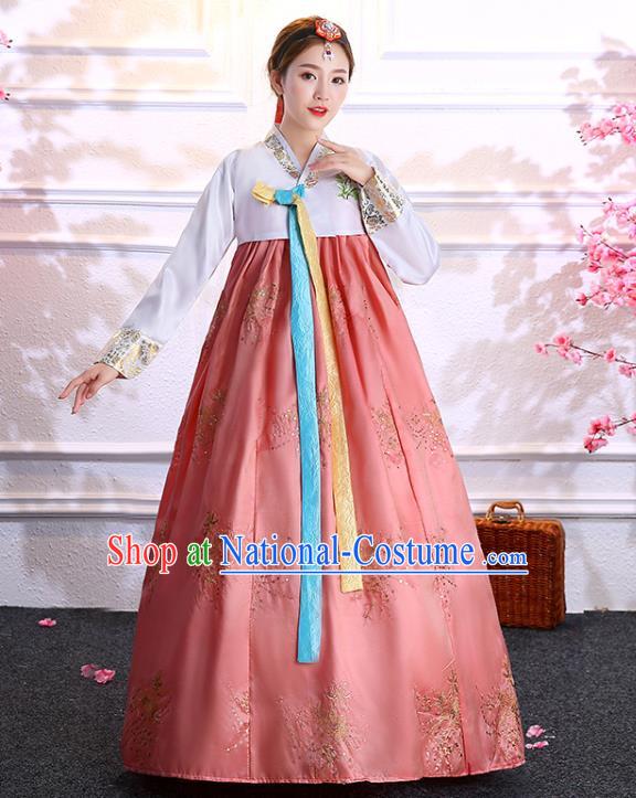 Korea Wedding Clothing Asian Classical Dance Embroidered White Blouse and Pink Dress Traditional Hanbok Korean Court Bride Fashion Garments