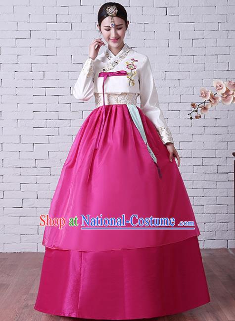 Korean Court Hanbok Traditional Bride Fashion Garments Korea Wedding Clothing Asian Classical Embroidered White Blouse and Rosy Dress