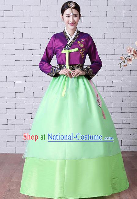 Asian Classical Embroidered Purple Blouse and Green Dress Korean Court Hanbok Traditional Bride Fashion Garments Korea Wedding Clothing