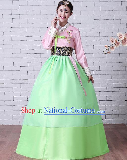 Asian Korea Wedding Clothing Classical Embroidered Pink Blouse and Green Dress Korean Court Hanbok Traditional Bride Fashion Garments