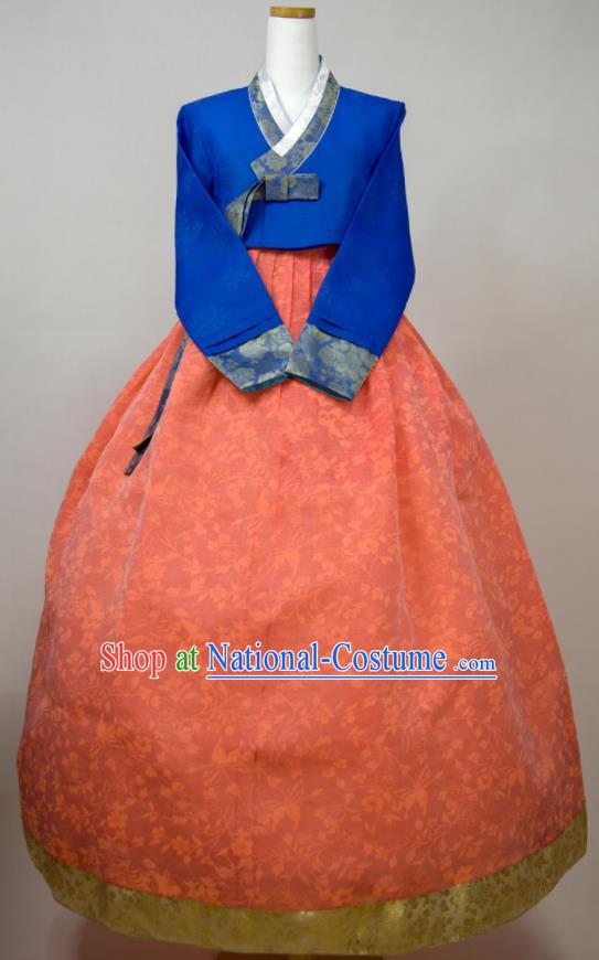 Korean Traditional Festival Clothing Elderly Woman Hanbok Royalblue Blouse and Red Dress Wedding Bride Mother Fashion Costumes