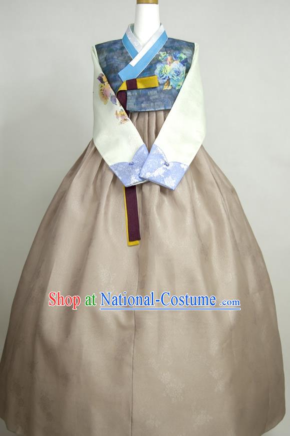 Korea Bride Mother Fashion Costumes Korean Classical Hanbok Printing Blue Blouse and Grey Dress Traditional Wedding Celebration Clothing