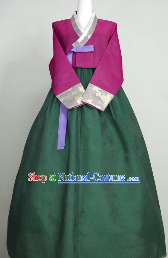 Korean Traditional Wedding Mother Clothing Celebration Fashion Costumes Korea Classical Hanbok Purple Blouse and Atrovirens Dress