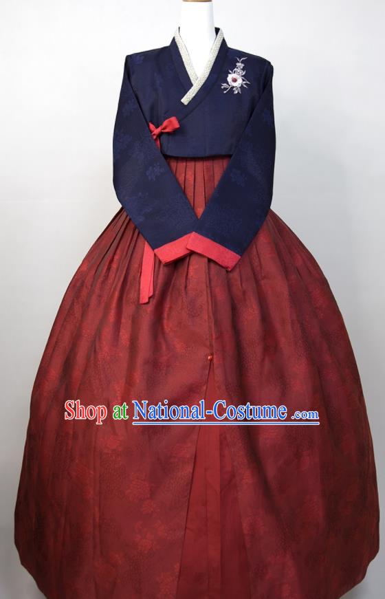 Korea Classical Hanbok Navy Blouse and Dark Red Dress Korean Traditional Wedding Mother Clothing Celebration Fashion Costumes