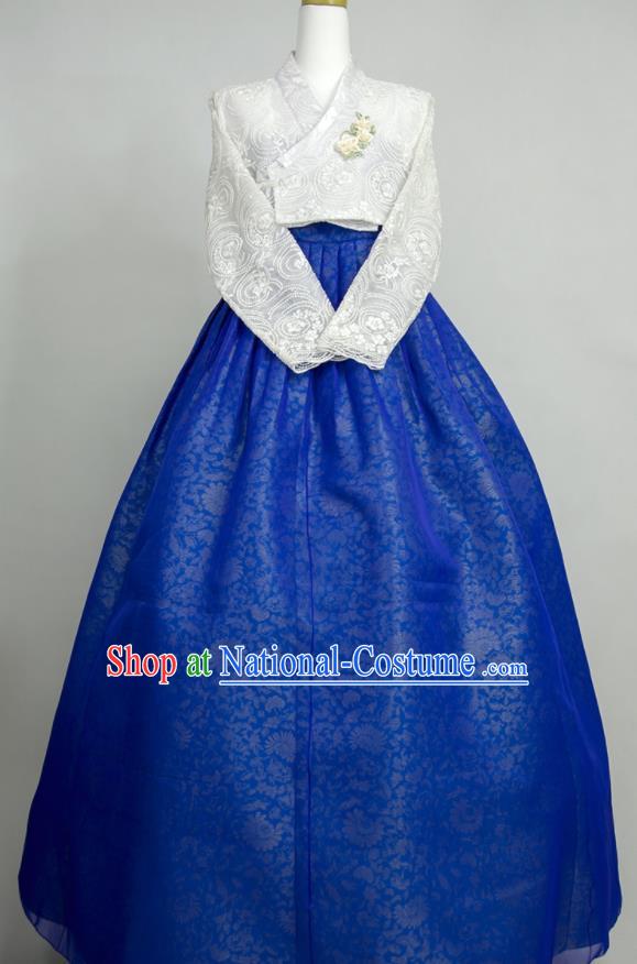 Korean Young Lady Classical Hanbok White Lace Blouse and Royalblue Dress Korea Traditional Festival Clothing Wedding Bride Fashion Costumes