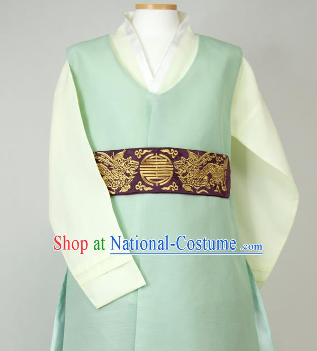 Korean Traditional Costumes Korea Classical Wedding Bridegroom Clothing Young Male Hanbok Green Long Vest Beige Shirt and Grey Pants