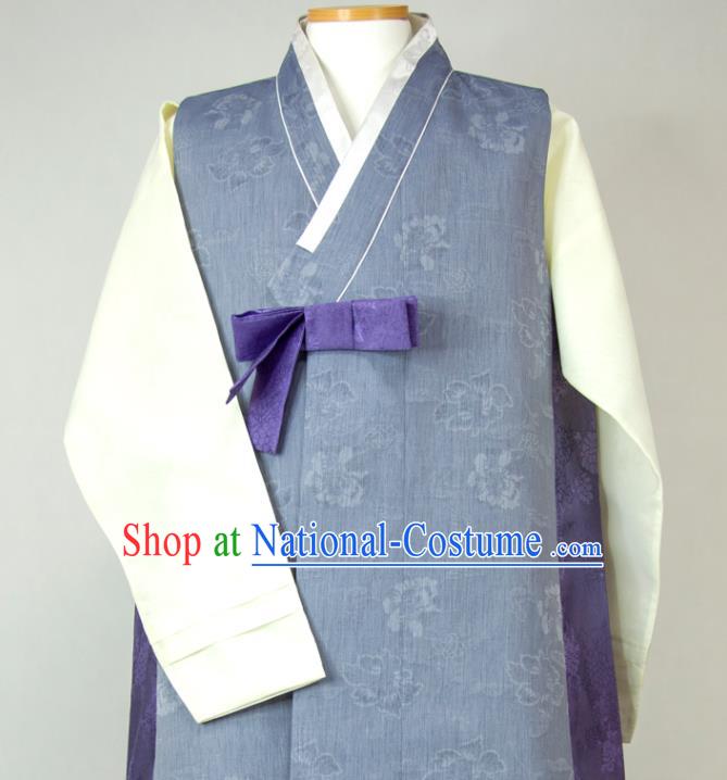 Korea Traditional Costumes Classical Wedding Bridegroom Clothing Korean Hanbok Young Male Blue Long Vest White Shirt and Grey Pants