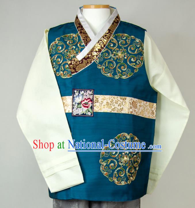 Korean Bridegroom Clothing Wedding Hanbok Korea Young Man Blue Vest Beige Shirt and Grey Pants Traditional Festival Costumes