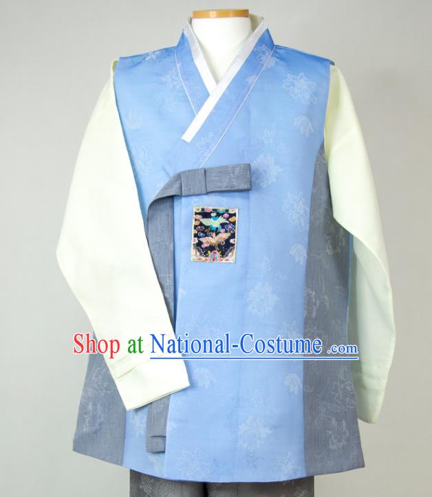 Korean Traditional Festival Costumes Korea Bridegroom Clothing Wedding Hanbok Young Man Blue Vest Beige Shirt and Grey Pants