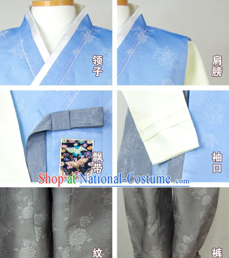 Korean Traditional Festival Costumes Korea Bridegroom Clothing Wedding Hanbok Young Man Blue Vest Beige Shirt and Grey Pants