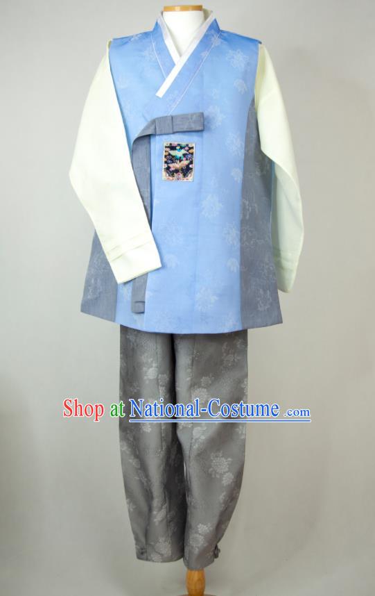 Korean Traditional Festival Costumes Korea Bridegroom Clothing Wedding Hanbok Young Man Blue Vest Beige Shirt and Grey Pants