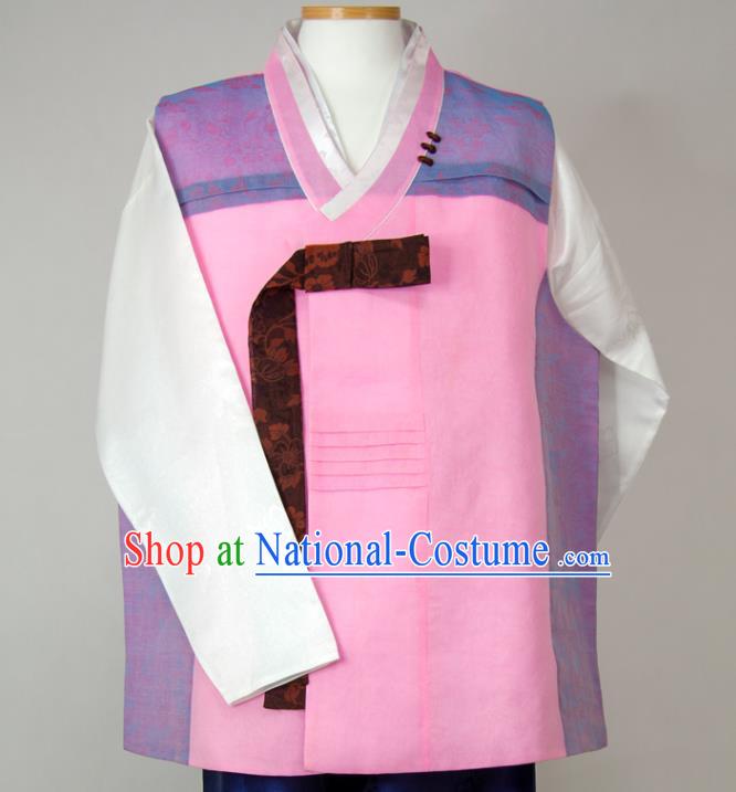 Korean Young Man Pink Vest White Shirt and Navy Pants Traditional Festival Costumes Korea Bridegroom Clothing Wedding Hanbok