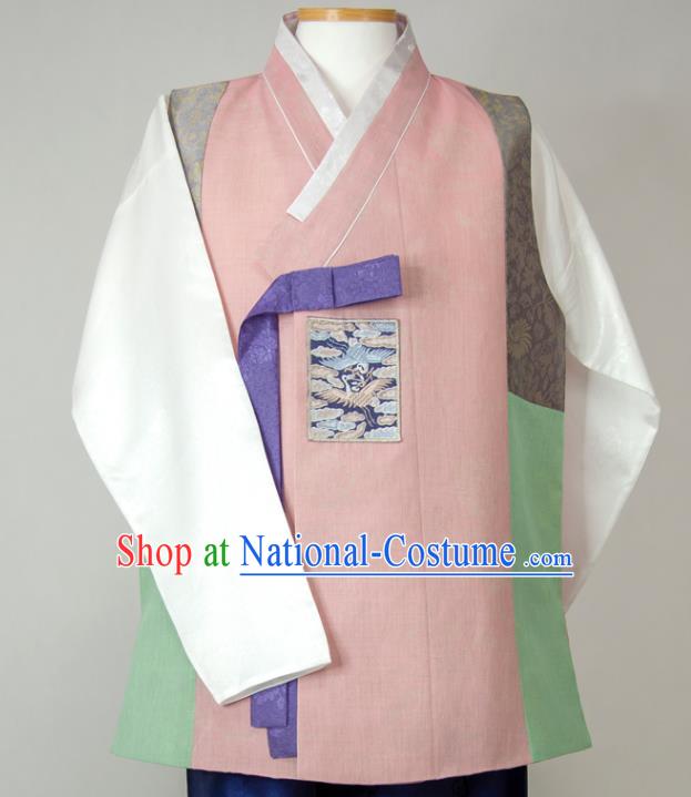 Korea Young Man Pink Vest White Shirt and Navy Pants Traditional Festival Costumes Bridegroom Clothing Korean Wedding Hanbok