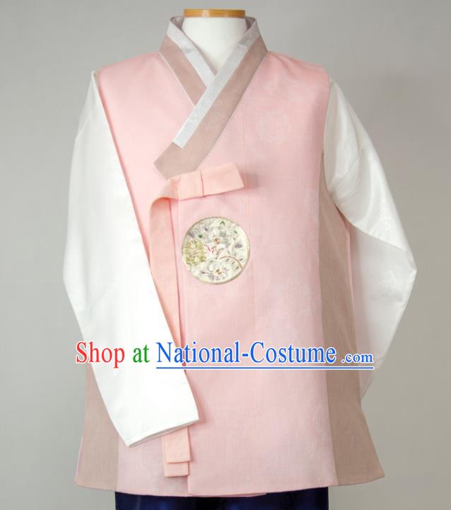 Korean Wedding Hanbok Korea Young Man Pink Vest White Shirt and Navy Pants Traditional Festival Costumes Bridegroom Clothing