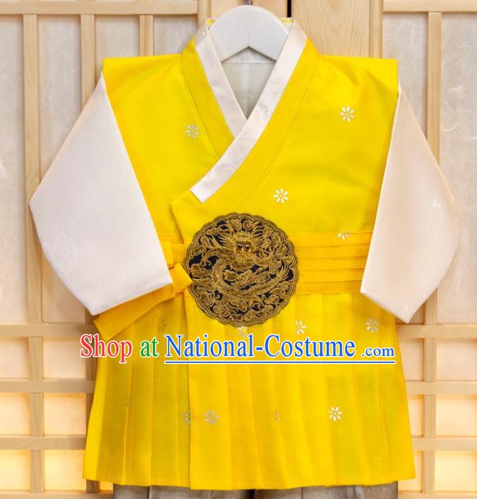 Korean Hanbok Clothing Korea Boys Prince Birthday Fashion Children Yellow Vest White Shirt and Grey Pants Traditional Garment Costumes