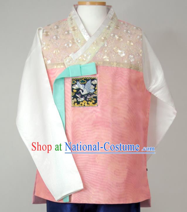 Korea Wedding Hanbok Young Man Pink Vest White Shirt and Navy Pants Korean Traditional Bridegroom Costumes Festival Clothing