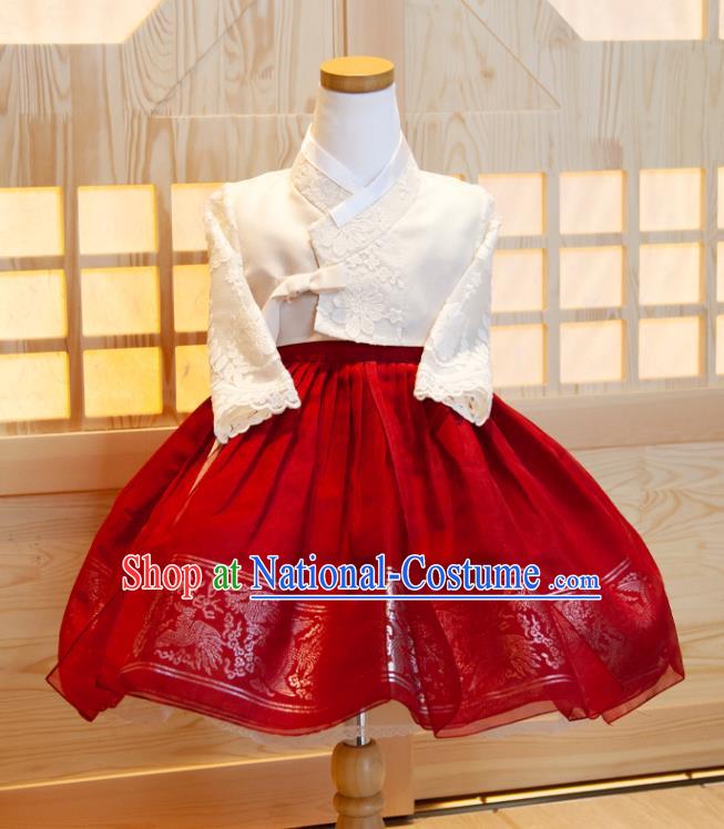 Korea Girl Princess Hanbok Clothing Korean Children Festival Fashion White Lace Shirt and Red Dress Traditional Garment Costumes