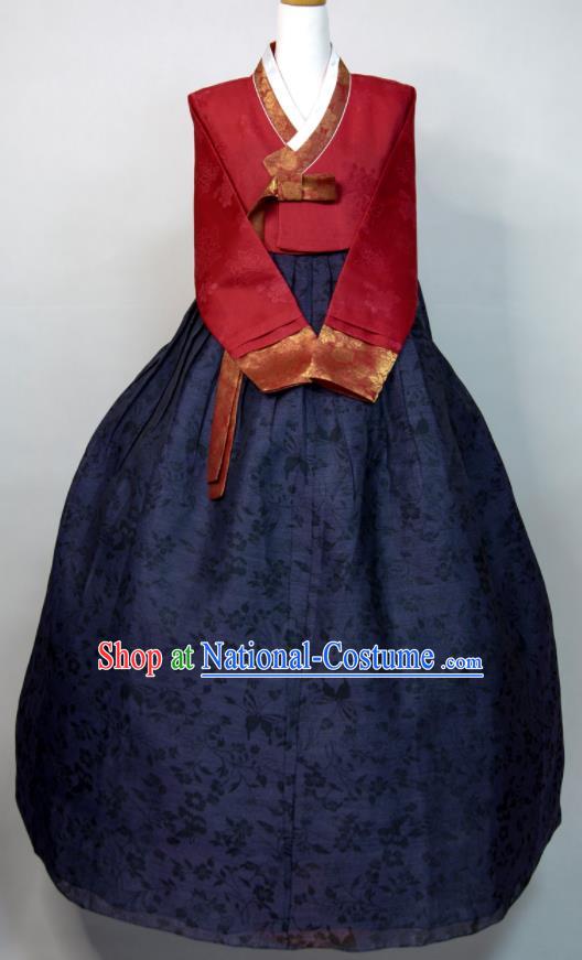 Korean Traditional Wedding Bride Costumes Court Ceremony Hanbok Festival Clothing Woman Fashion Wine Red Blouse and Navy Dress