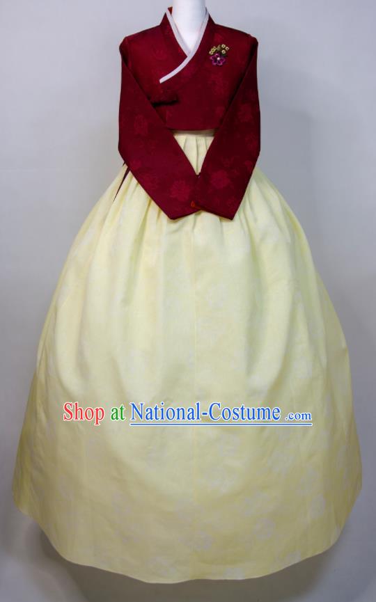 Korean Wedding Bride Fashion Costumes Traditional Festival Clothing Court Princess Hanbok Wine Red Blouse and Yellow Dress