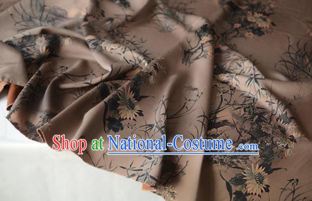 Chinese Classical Chrysanthemum Pattern DIY Satin Fabric Silk Fabric Brown Gambiered Guangdong Gauze High Quality Cheongsam Cloth