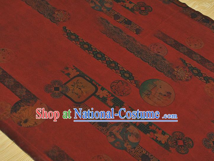 Chinese Dark Red Gambiered Guangdong Gauze Traditional Flowers Pattern Dress Fabric Cheongsam Silk Cloth