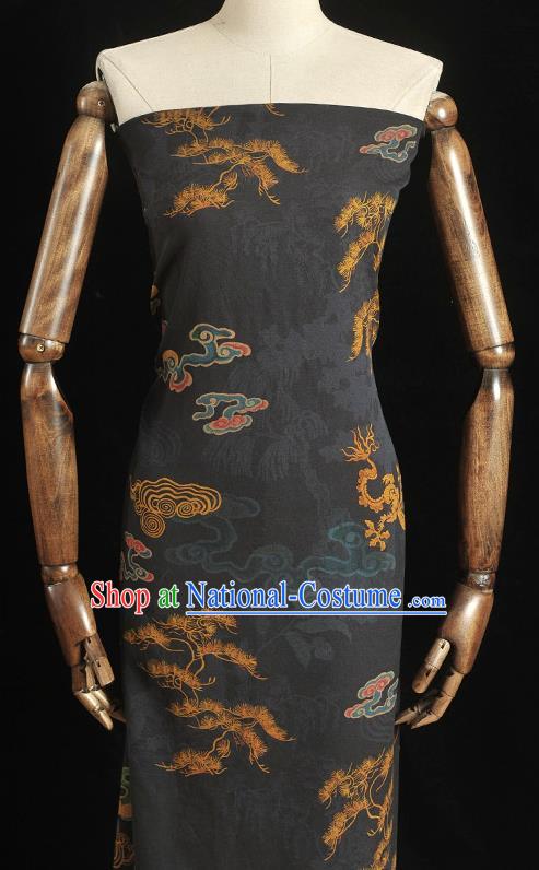 Chinese Cheongsam Silk Cloth Black Gambiered Guangdong Gauze Traditional Dragon Phoenix Pattern Dress Fabric