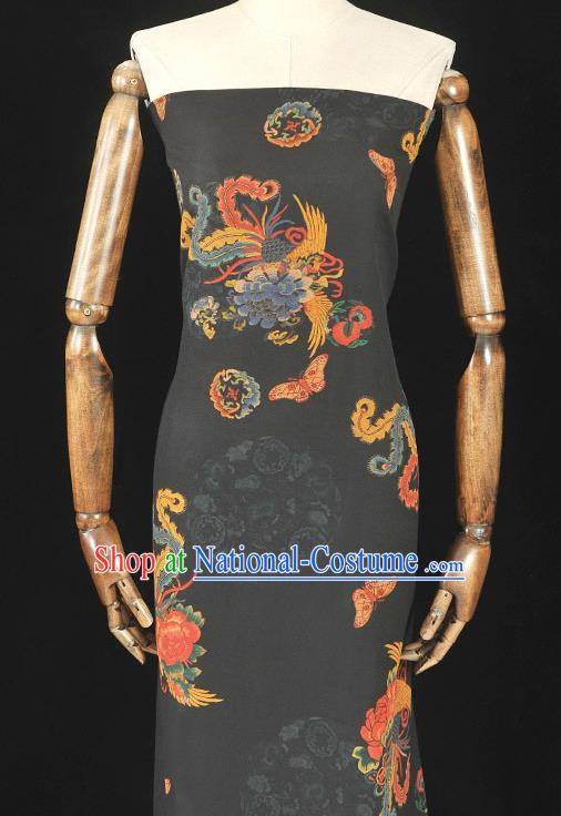 Chinese Cheongsam Silk Cloth Black Gambiered Guangdong Gauze Traditional Phoenix Pattern Dress Fabric