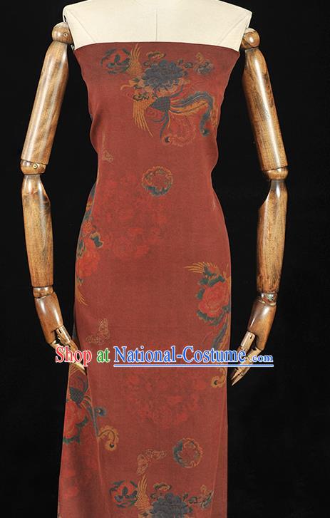 Chinese Traditional Phoenix Pattern Dress Fabric Cheongsam Silk Cloth Wine Red Gambiered Guangdong Gauze