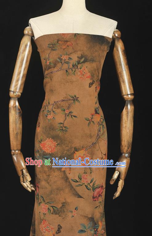 Chinese Khaki Gambiered Guangdong Gauze Traditional Flowers Pattern Dress Fabric Cheongsam Silk Cloth