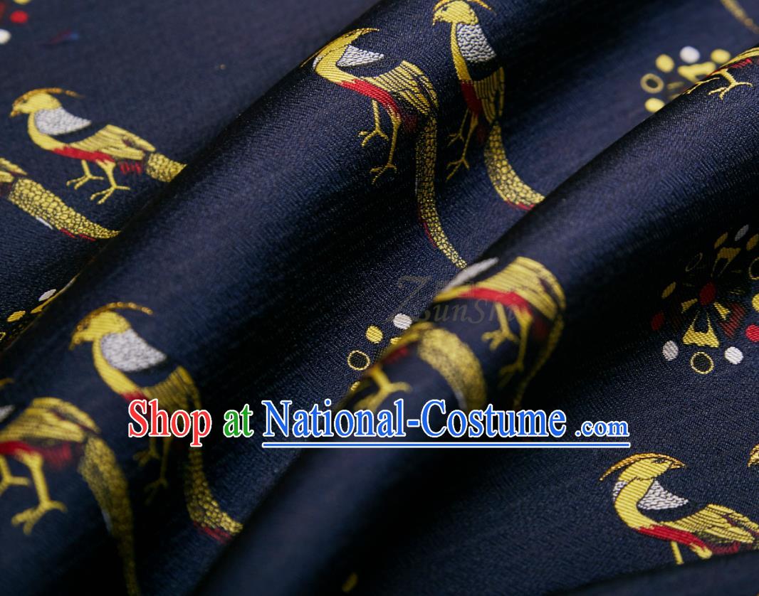 Chinese Traditional Hanfu Dress Drapery Navy Silk Fabric Classical Birds Pattern Song Brocade Cloth Jacquard Tapestry Material