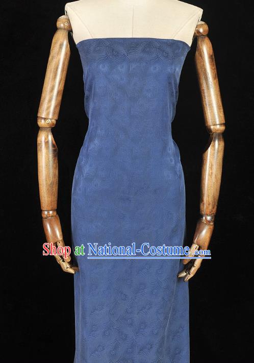 Top Chinese Traditional Blue Silk Cloth Classical Feather Pattern Silk Fabric Cheongsam Gambiered Guangdong Gauze