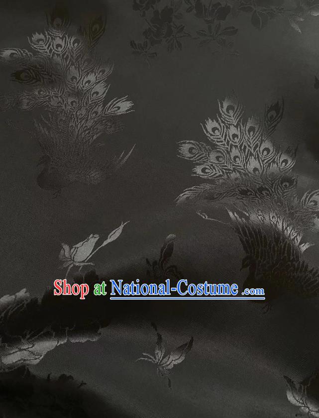 Top Chinese Classical Jacquard Satin Cloth Traditional Peacock Pattern Black Brocade Drapery Cheongsam Silk Fabric