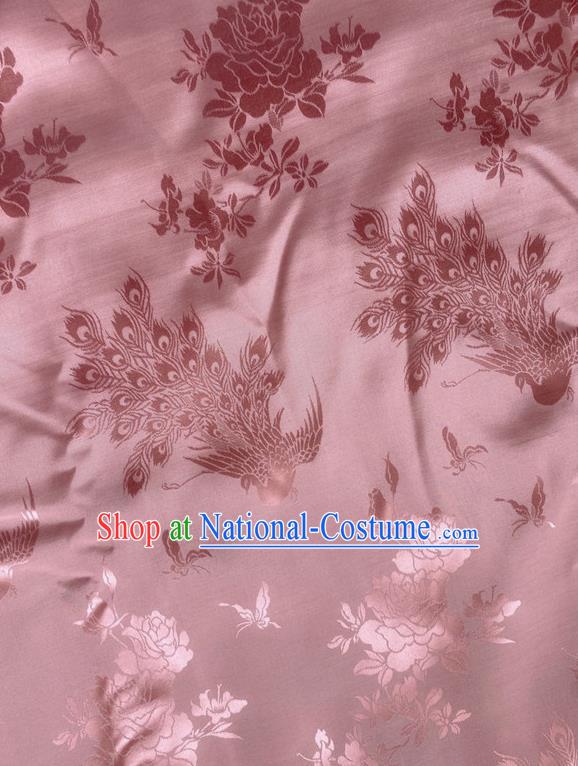 China Traditional Cheongsam Brocade Cloth Jacquard Pink Satin Drapery Classical Peacock Pattern Silk Fabric