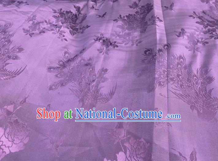 China Classical Peacock Pattern Silk Fabric Traditional Cheongsam Brocade Cloth Jacquard Violet Satin Drapery