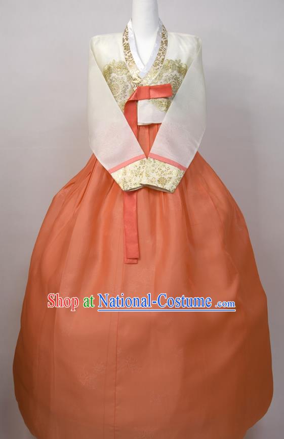 Korean Wedding Bride Fashion Costumes Korea Court Hanbok White Blouse and Orange Dress Traditional Dance Clothing